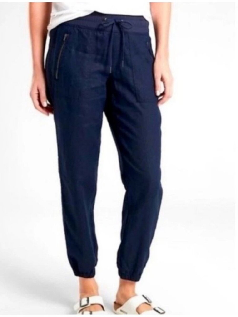Athleta 💚 Cabo Linen Joggers Navy 100% Linen Drawstring Pants Size 8